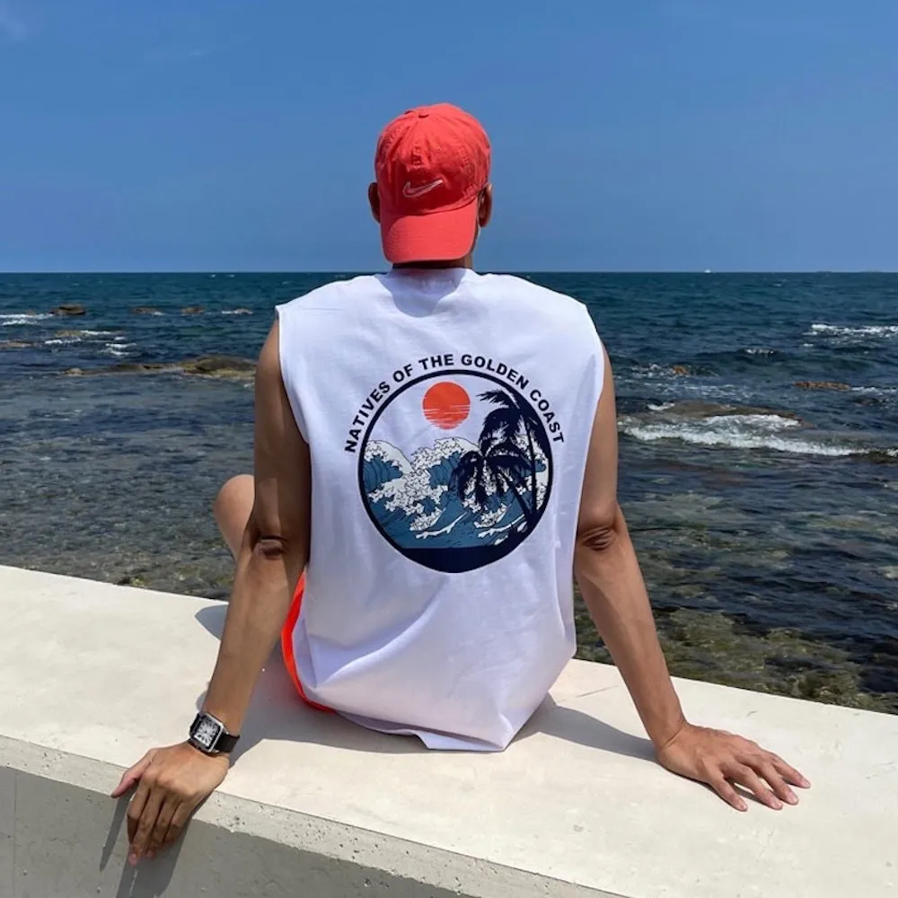 【AMERO】男女款 圓領無袖背心 海波浪浮世繪印花 寬鬆版型 情侶裝 歷史價格詳細信息