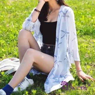 【Decoy】雪紡印花＊七分袖防曬輕薄罩衫外套/藍色海棠 歷史價格詳細信息