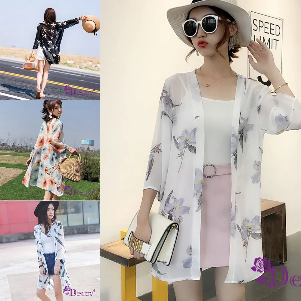 【Decoy】雪紡印花＊七分袖防曬輕薄罩衫外套/藍色海棠 歷史價格詳細信息