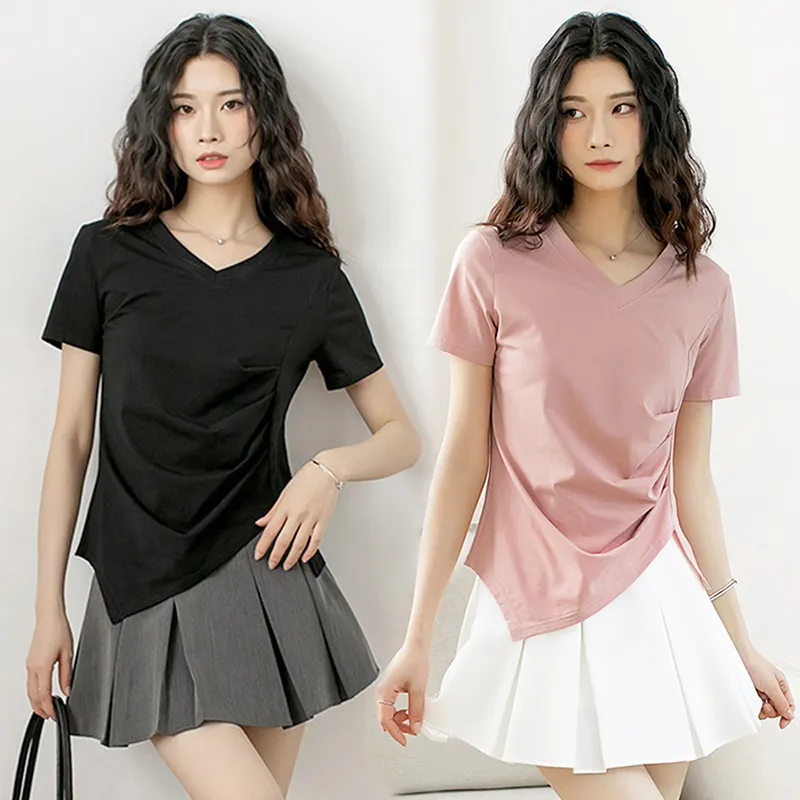 設計感不規則褶皺大碼短袖T卹釹2023夏季新款文藝複古上衣打底衫 歷史價格詳細信息