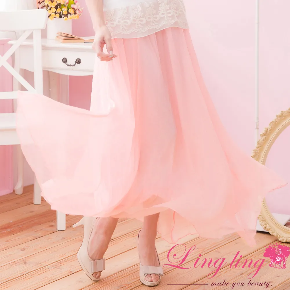 lingling中大尺碼 A1620-05飄柔著感文青女神竹節雪紡紗長裙(童話粉紅) 歷史價格詳細信息