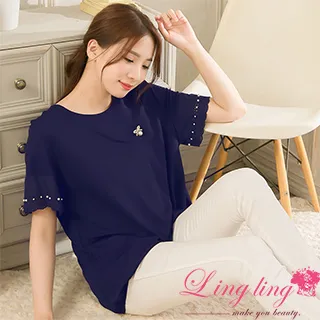 lingling中大尺碼 A4160-01低調奢華圓領袖口布蕾絲珠飾短袖上衣(低調深藍) 歷史價格詳細信息