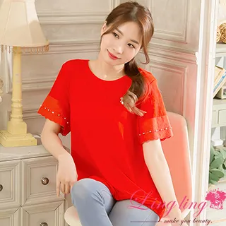 lingling中大尺碼 A4160-01低調奢華圓領袖口布蕾絲珠飾短袖上衣(低調深藍) 歷史價格詳細信息