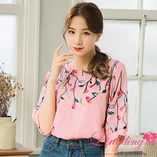 lingling中大尺碼 A4160-01低調奢華圓領袖口布蕾絲珠飾短袖上衣(低調深藍) 歷史價格詳細信息