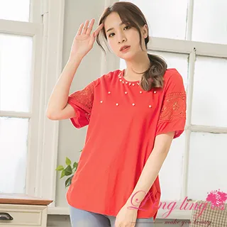 lingling中大尺碼 A4160-01低調奢華圓領袖口布蕾絲珠飾短袖上衣(低調深藍) 歷史價格詳細信息