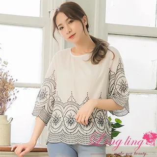 【lingling】圓領棉麻紗荷葉波浪鏤空袖口下擺五分袖洋裝PA4145(共三色) 歷史價格詳細信息