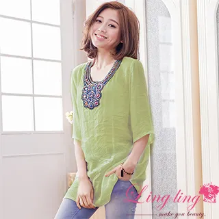 【lingling】圓領棉麻紗荷葉波浪鏤空袖口下擺五分袖洋裝PA4145(共三色) 歷史價格詳細信息