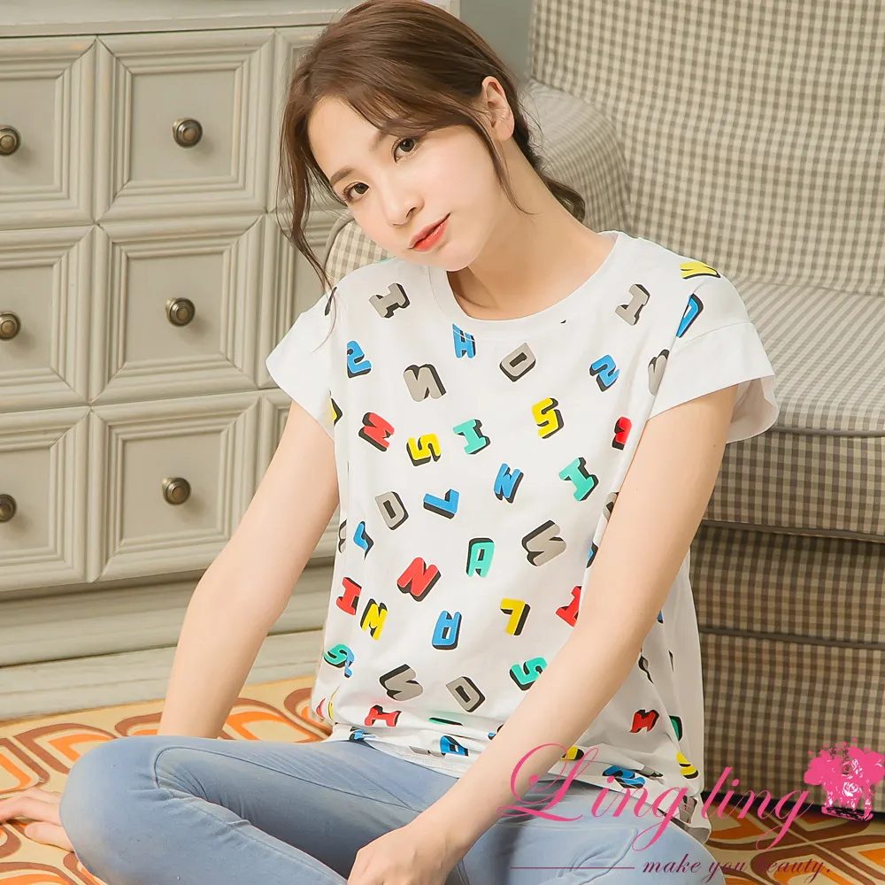 lingling中大尺碼 A4206-02活力繽紛英文字母雙側擺抓摺棉質短袖上衣T恤(潮流黑) 歷史價格詳細信息