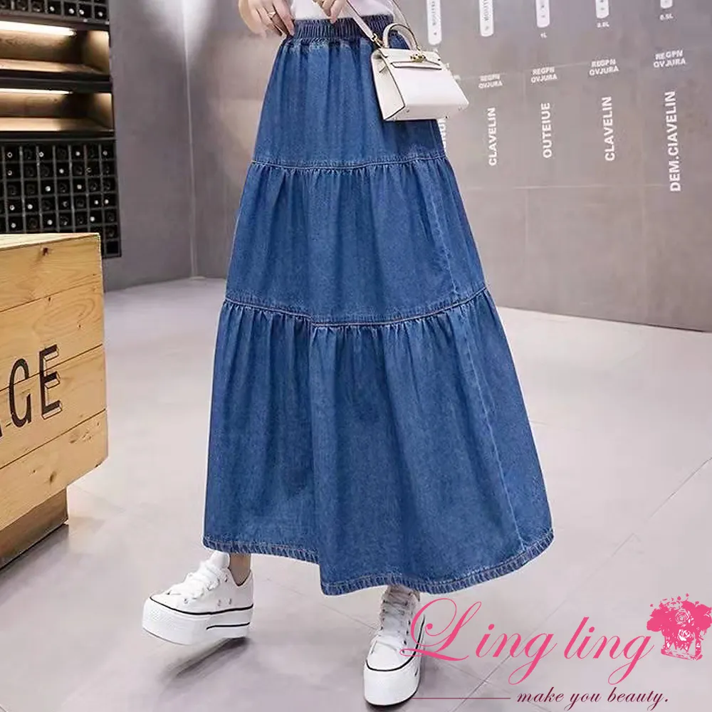 lingling中大尺碼 A4375-01大尺碼-微甜丹寧口袋鬆緊腰蛋糕裙長裙(牛仔藍) 歷史價格詳細信息