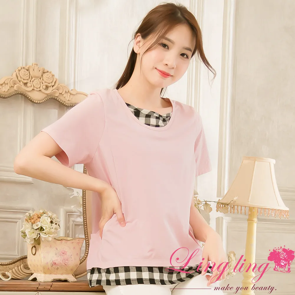 lingling中大尺碼 A4216-01休閒好感格紋拼接假兩件口袋短袖上衣(愛戀豆粉) 歷史價格詳細信息