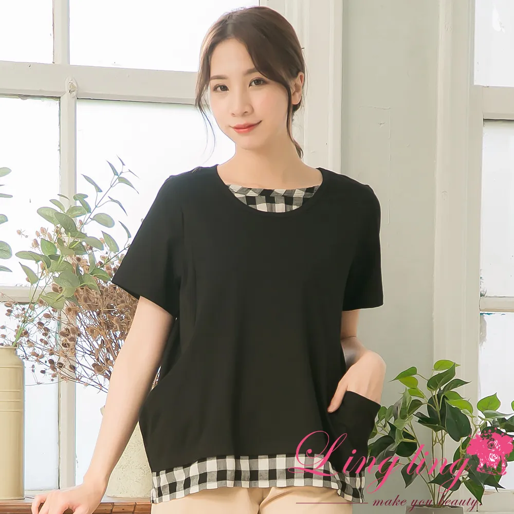 lingling中大尺碼 A4206-02活力繽紛英文字母雙側擺抓摺棉質短袖上衣T恤(潮流黑) 歷史價格詳細信息