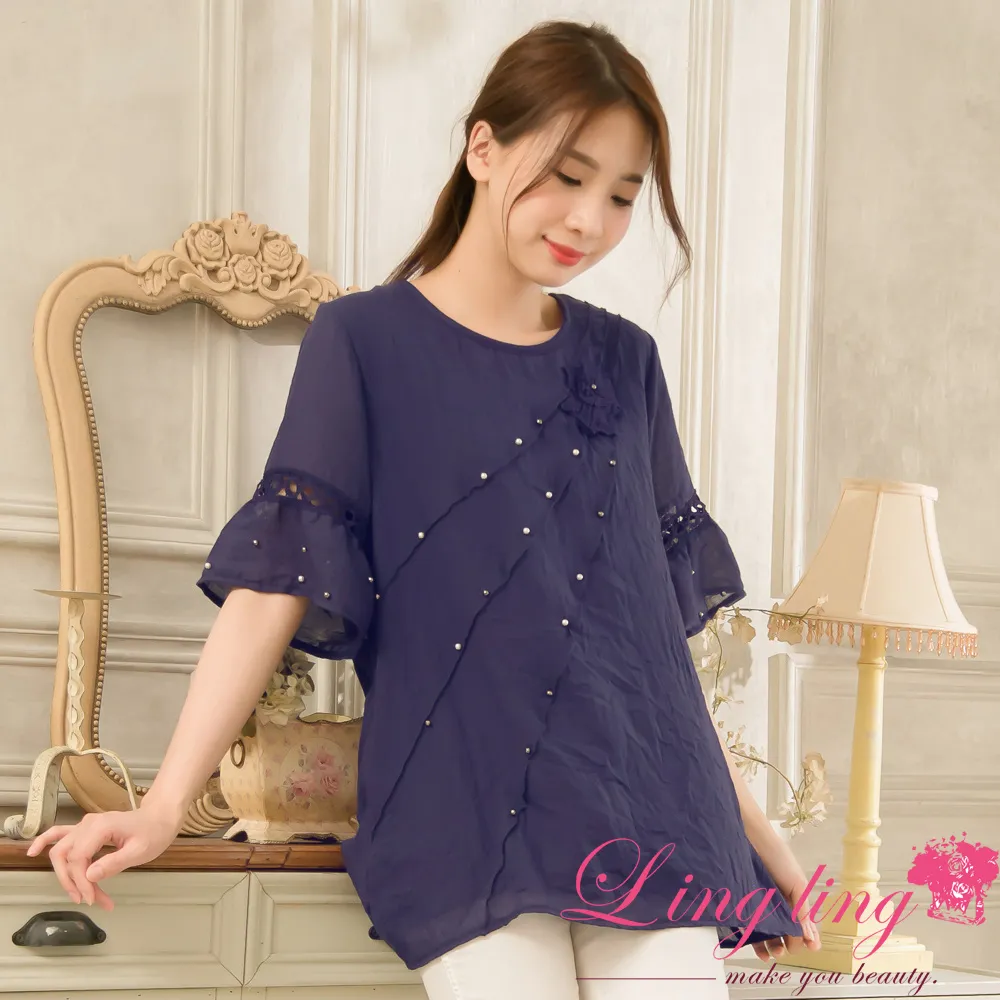 lingling中大尺碼 A4160-01低調奢華圓領袖口布蕾絲珠飾短袖上衣(低調深藍) 歷史價格詳細信息
