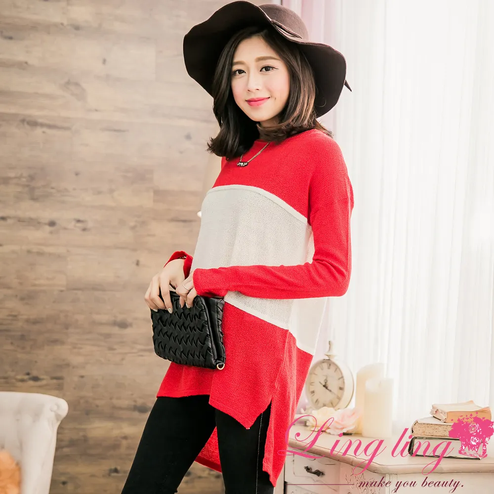 lingling A2681-01撞色質感縮口袖針織前短後長長版上衣(自信紅) 歷史價格詳細信息