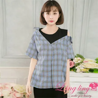 lingling中大尺碼 A4160-01低調奢華圓領袖口布蕾絲珠飾短袖上衣(低調深藍) 歷史價格詳細信息