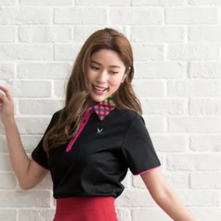 POLO領拼接坑紋彈力中袖襯衫高品質正肩修身短袖2024夏季新款薄女 歷史價格詳細信息