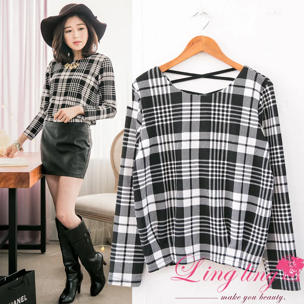 lingling A2754-04質感格紋觸感彈性格紋布拼接雪紡後Ｖ蕾絲抓褶上衣(黑白格紋) 歷史價格詳細信息