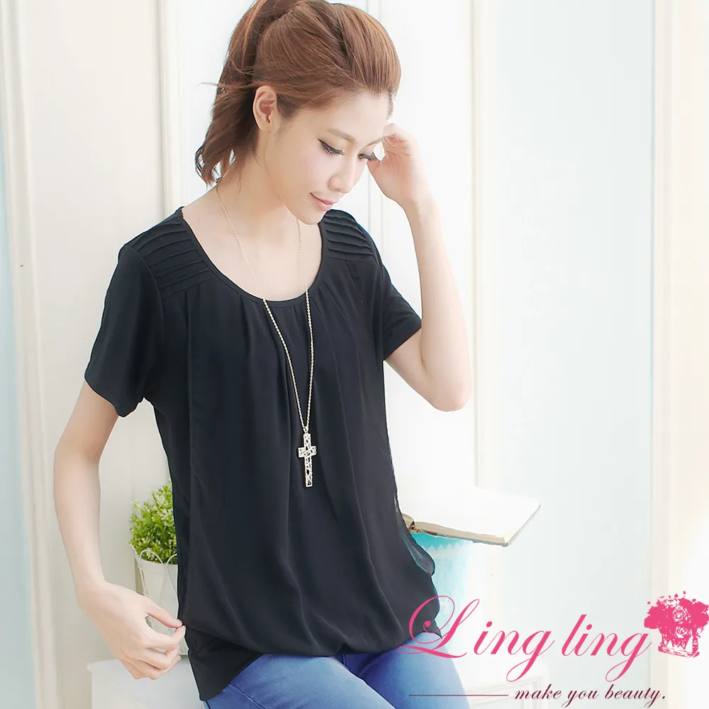 lingling中大尺碼 A1906-02時髦輪廓垂領薄澎棉織紋拼接斜擺長上衣(俐落黑) 歷史價格詳細信息