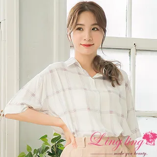 lingling中大尺碼 A4216-01休閒好感格紋拼接假兩件口袋短袖上衣(愛戀豆粉) 歷史價格詳細信息