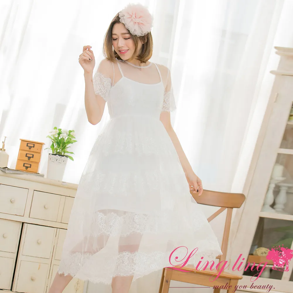 lingling A3385-02迷人層次睫毛蕾絲長洋裝+細肩連身小可愛(迷人黑) 歷史價格詳細信息