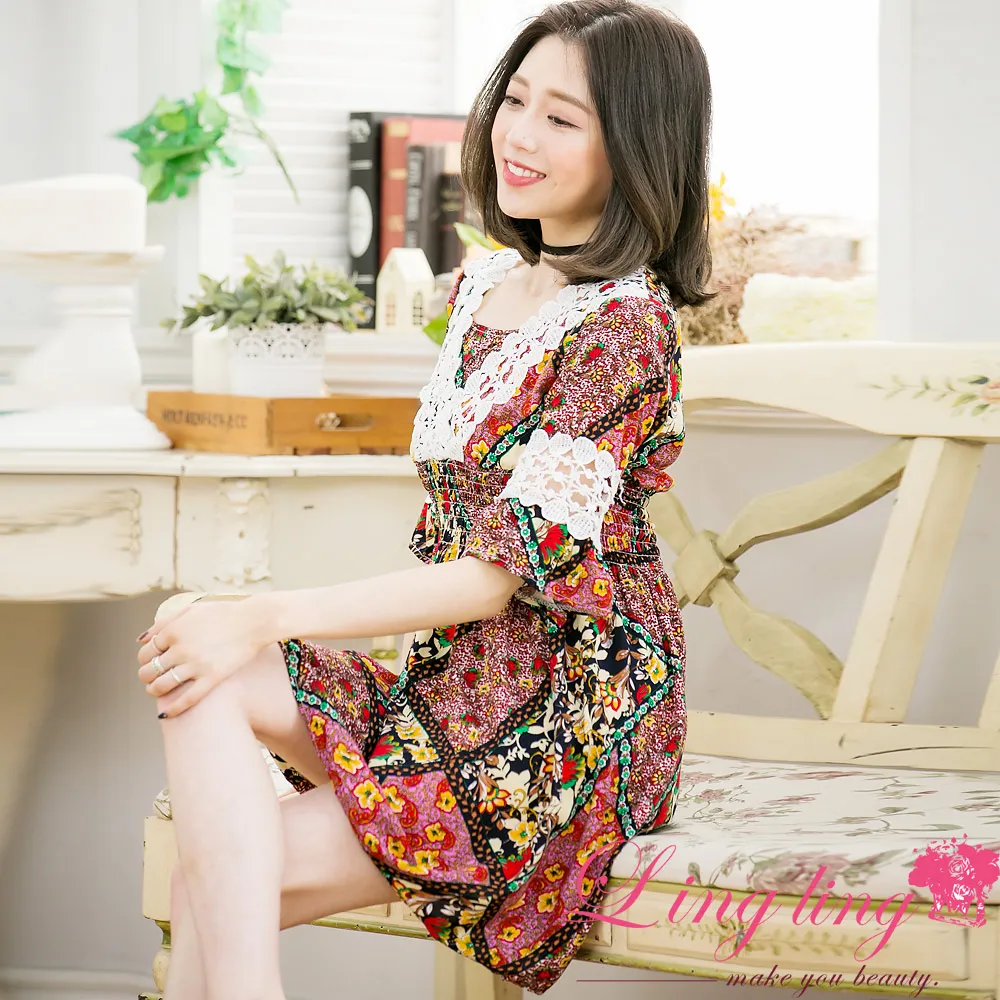 lingling A3347-02浪漫迷人圓領拼接V型蕾絲圖案洋裝(迷人藍黃) 歷史價格詳細信息