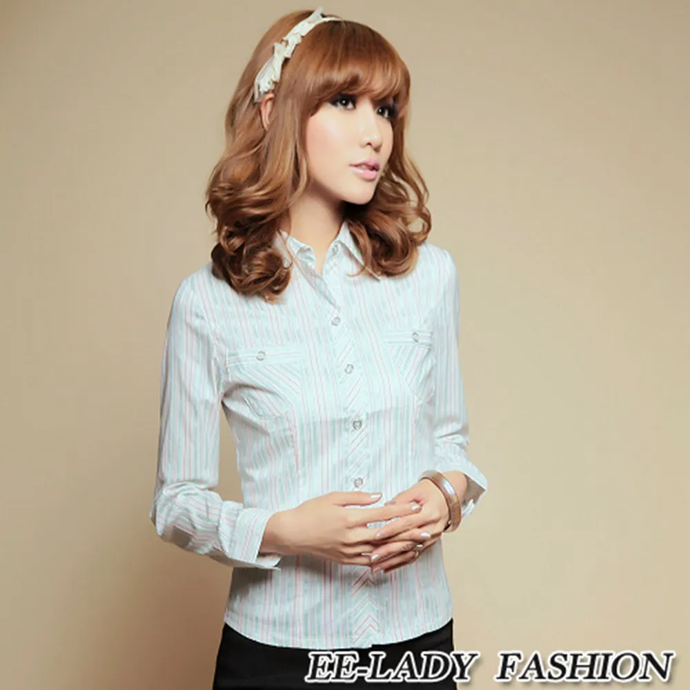 【EE-LADY】條紋V領七分袖襯衫-綠 歷史價格詳細信息