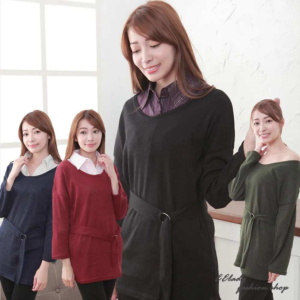 【EE-LADY】腰間抽皺條紋假二件七分袖襯衫 歷史價格詳細信息