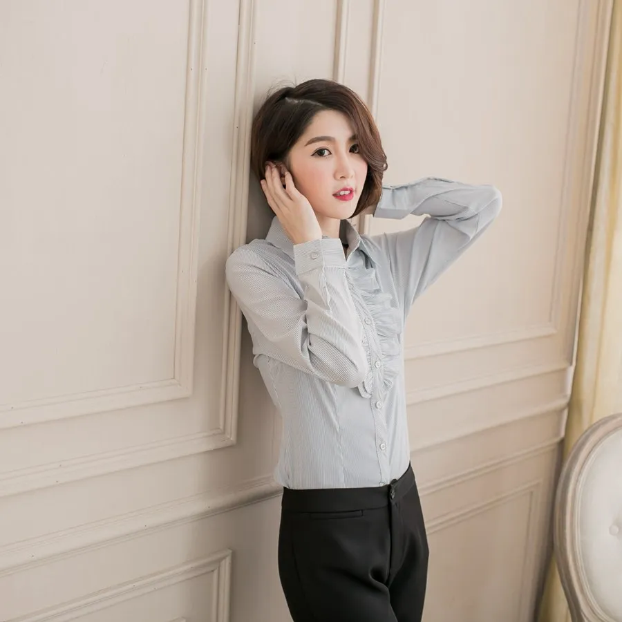 【EE-LADY】胸襟壓皺七分袖條紋襯衫(紫)34-42吋 歷史價格詳細信息