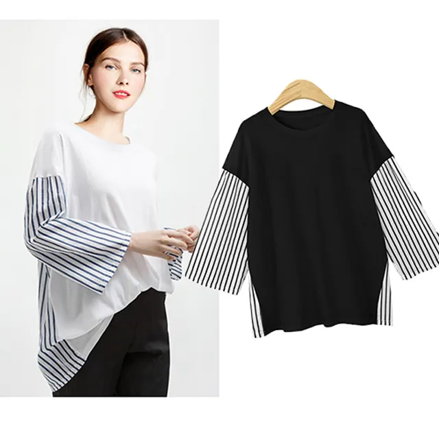 【韓國K.W.】KM1693秋冬現貨新品-秋冬韓國拼接色條紋T恤(長袖/上衣/韓國K.W.) 價格比較,價格查詢,歷史價格詳細信息