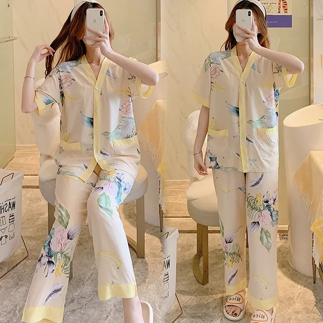 【韓國K.W.】KQN3956韓國冰絲稠藍金花休閒套裝(涼感/睡衣套裝/短袖) 歷史價格詳細信息