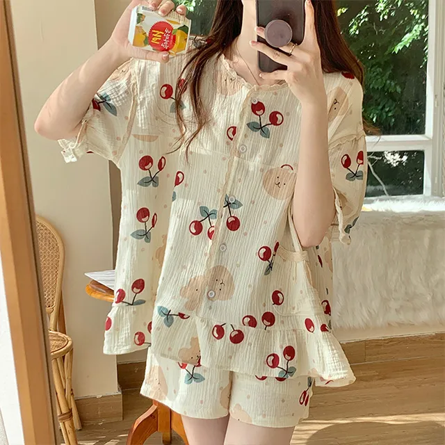 櫻桃睡衣女春秋季冰絲長袖高級感可愛睡衣兩件套家居服睡衣女夏 歷史價格詳細信息