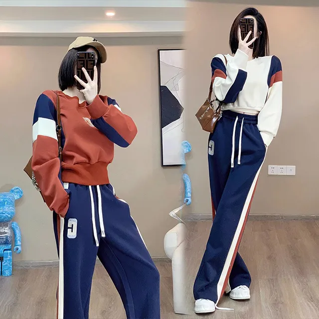 美式運動休閒套裝 彈力螺紋緊身短版上衣高腰垂感喇叭褲 女生長袖套裝 健身跑步瑜伽套裝 圓領長袖打底衫高腰褲两件套 歷史價格詳細信息