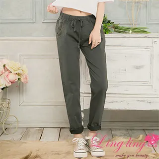 lingling A4108-01質感穿搭叉叉刺繡鬆緊口袋七分寬褲(質感綠) 歷史價格詳細信息