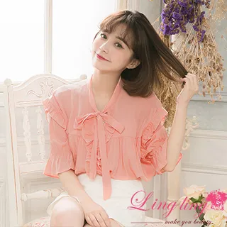 【lingling】V領口荷葉設計綁帶荷葉袖口五分短袖上衣PA4131(共三色) 歷史價格詳細信息