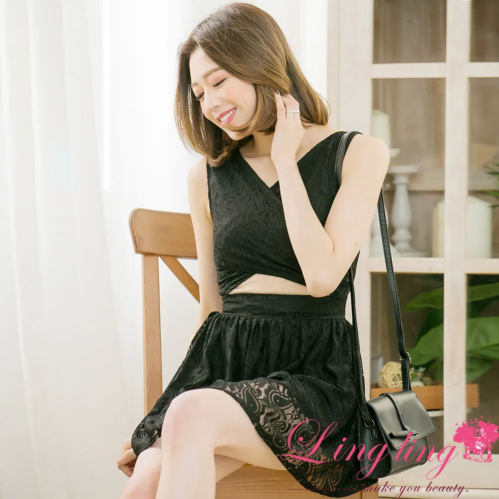 lingling A3385-02迷人層次睫毛蕾絲長洋裝+細肩連身小可愛(迷人黑) 歷史價格詳細信息