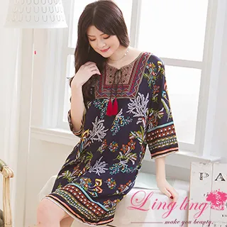 lingling A3714-01全尺碼-愛心貓咪荷葉裙襬棉質連身休閒T睡衣(浪漫深藍) 歷史價格詳細信息