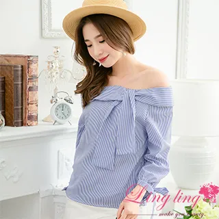 lingling A3919-02俏皮甜心露肩翻領綁結上衣(紅白條) 歷史價格詳細信息