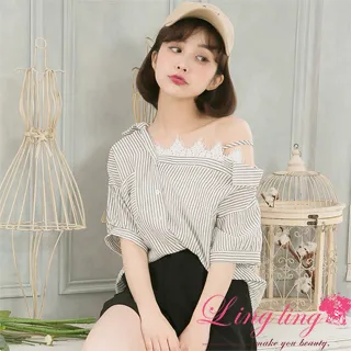 lingling A4119-01經典不敗襯衫領斜肩露肩側開叉假兩件連身短袖洋裝(經典杏格) 歷史價格詳細信息