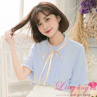 【lingling】V領口荷葉設計綁帶荷葉袖口五分短袖上衣PA4131(共三色) 歷史價格詳細信息