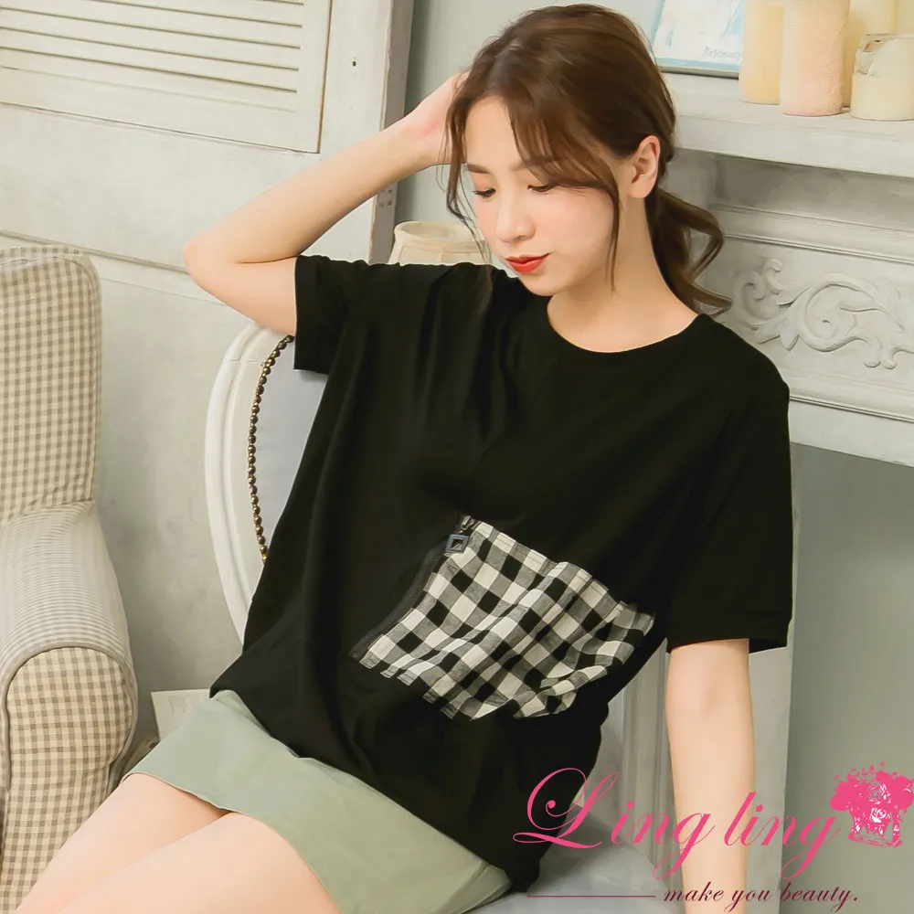 lingling中大尺碼 A4216-01休閒好感格紋拼接假兩件口袋短袖上衣(愛戀豆粉) 歷史價格詳細信息