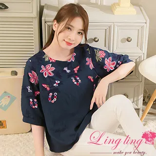 lingling中大尺碼 A4160-01低調奢華圓領袖口布蕾絲珠飾短袖上衣(低調深藍) 歷史價格詳細信息