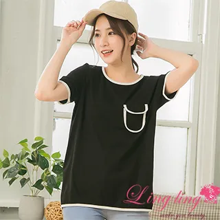 lingling中大尺碼 A4216-01休閒好感格紋拼接假兩件口袋短袖上衣(愛戀豆粉) 歷史價格詳細信息