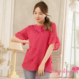 【lingling】V領口荷葉設計綁帶荷葉袖口五分短袖上衣PA4131(共三色) 歷史價格詳細信息