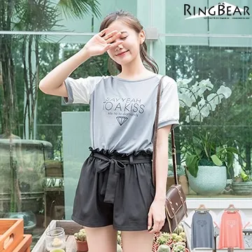 雪紡--輕甜魅力簡約大方圓領微甜手寫感英字拼接雪紡七分袖上衣(黑.灰XL-5L)-U387熊衣褲語 歷史價格詳細信息