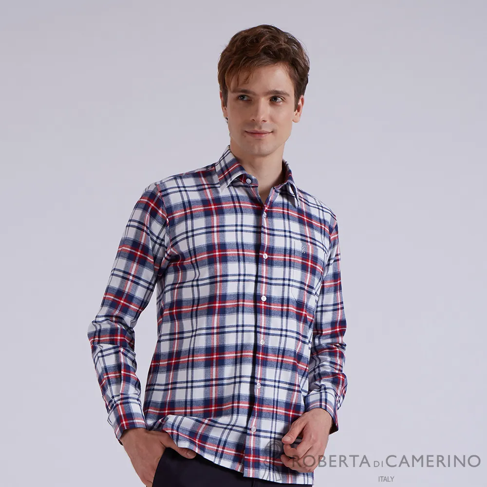 【ROBERTA諾貝達】男裝 冬季限定 保暖織物 高尚藍色格紋長袖厚襯衫 歷史價格詳細信息