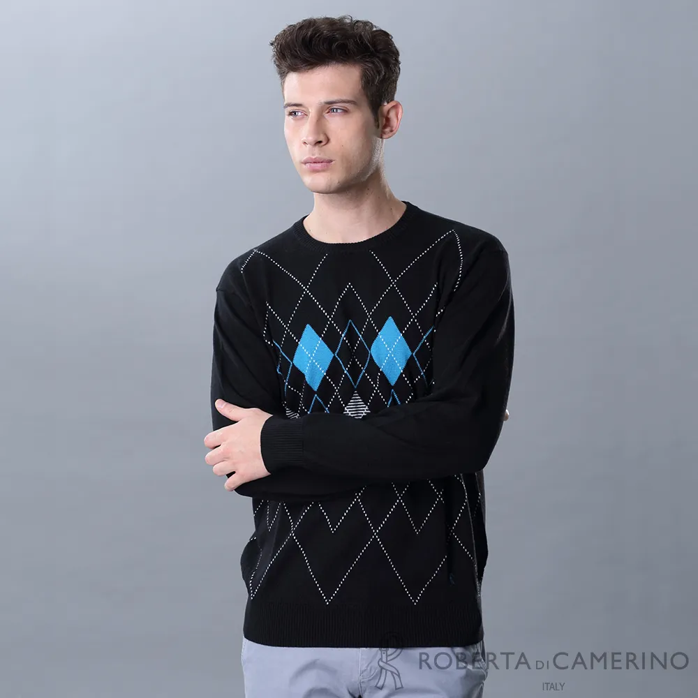 ROBERTA諾貝達 台灣製 休閒保暖 繽紛菱格 純美麗諾羊毛衣 黑藍 歷史價格詳細信息