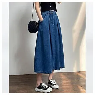 AKARA 牛仔工坊小花園藝拼接過膝牛仔裙(牛仔裙 長裙 繡花 中大尺碼) 歷史價格詳細信息