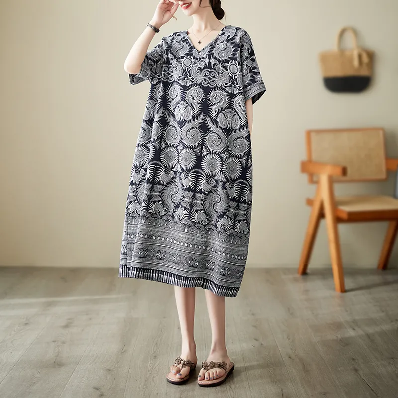 AKARA 涼感 棉麻 大碼 清質感棉麻藍染短袖洋裝 3XL可(涼感 棉麻 中大尺碼 短袖) 歷史價格詳細信息