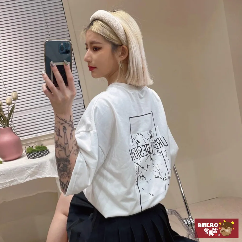 【AMERO】男女裝 圓領短袖T恤 英文印花 氣紡健康布 寬鬆 落肩款 五分袖 情侶裝 歷史價格詳細信息