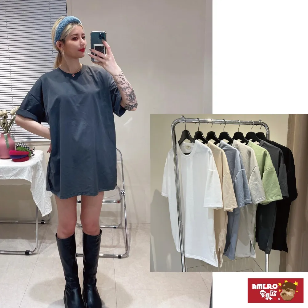 【AMERO】男女裝 圓領短袖T恤 素面 開衩 落肩款 五分袖 情侶裝 歷史價格詳細信息