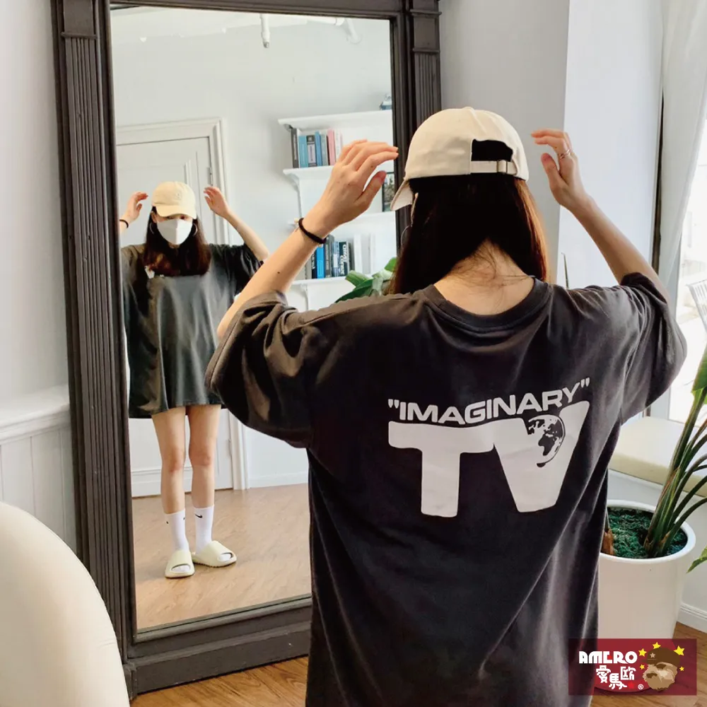 【AMERO】男女裝 圓領短袖T恤 反光印花 落肩款 五分袖 情侶裝 歷史價格詳細信息
